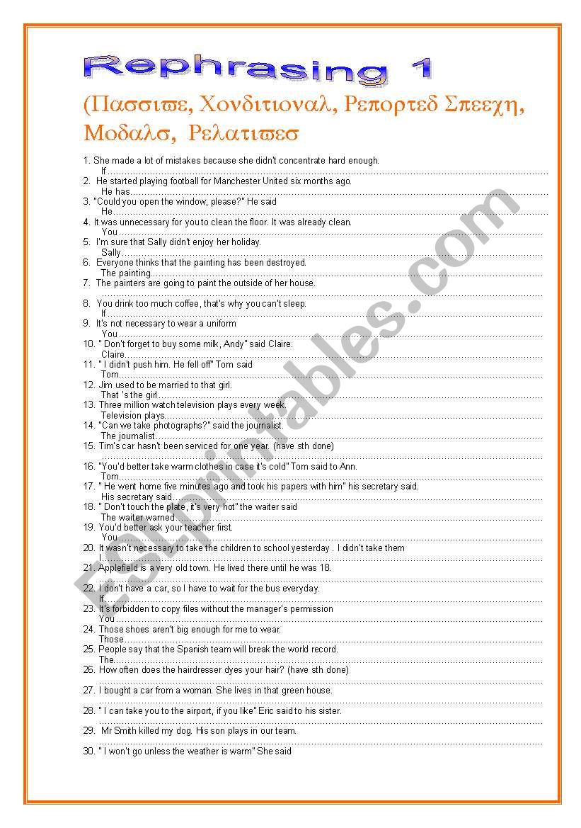 Rephrasin 1  ( pasive, conditionals, reported speech, modals, relatives)