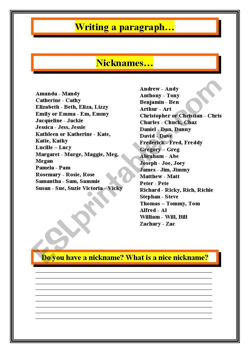 Nicknames... worksheet