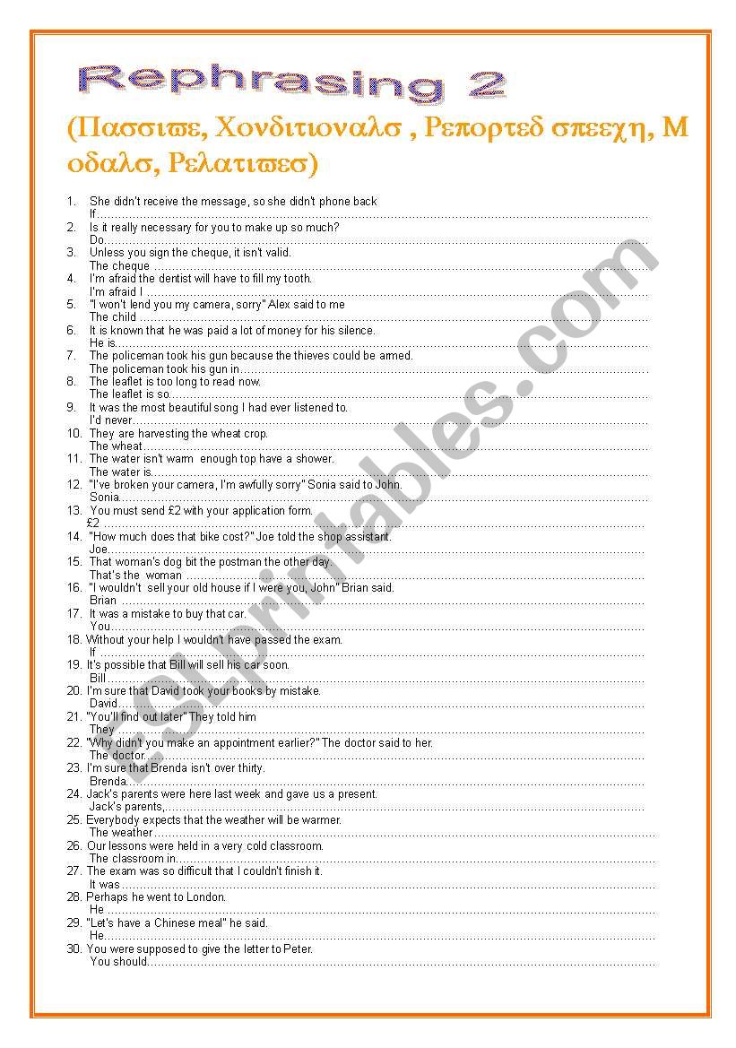 Rephrasing 2 ( pasive , conditionals, rported speech, modals and relatives)