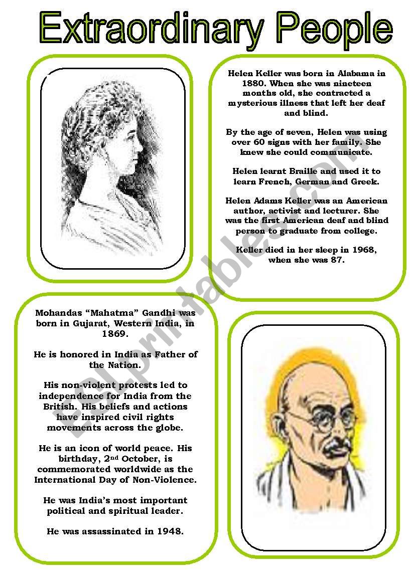 Extraordinary People 3 ...Helen Keller and Mohandas Mahatma Gandhi (2 pages)