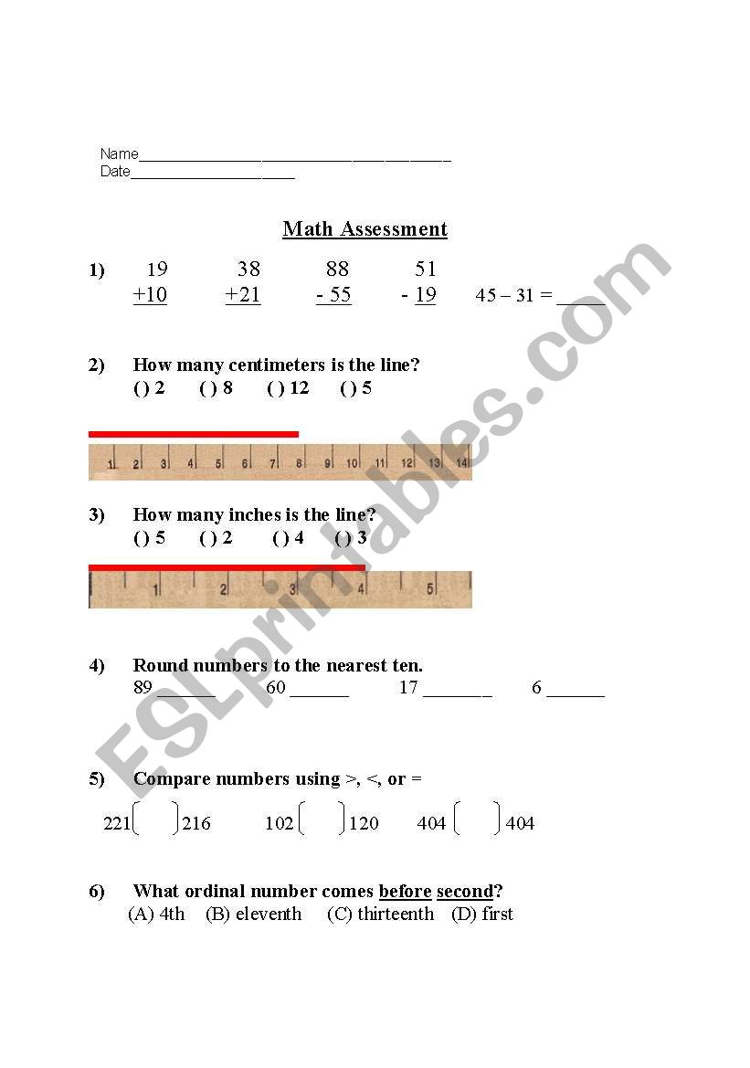 Math Assessment - Grade 2 worksheet