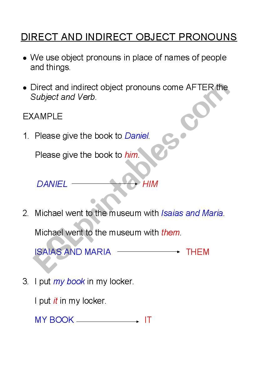 Direct And Indirect Object Pronouns Notes And Follow Up Exercises Esl Worksheet By Daveesl