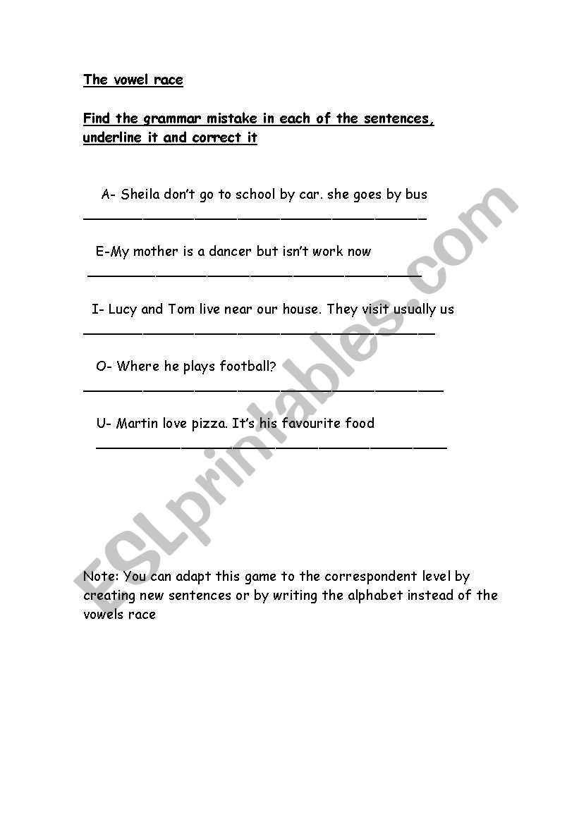 The vowel race worksheet