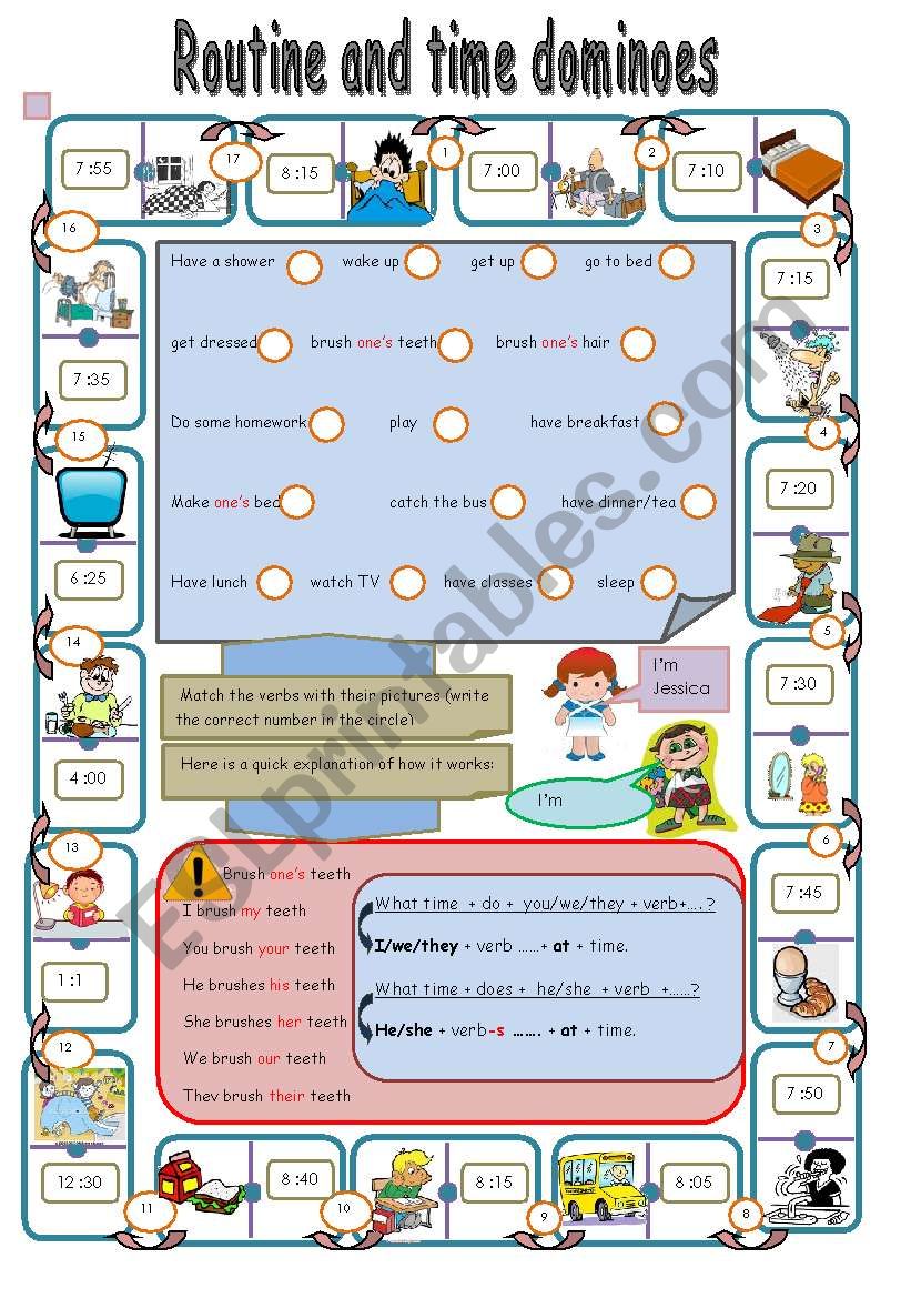 routine and time dominoes / present simple