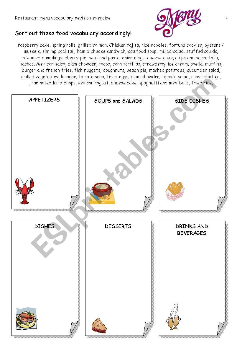 MENU VOCABULARY REVISION worksheet