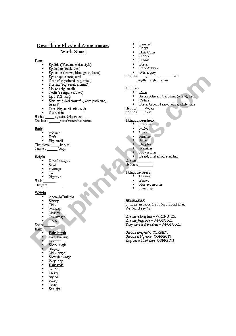 Describing Physical Appearances work sheet