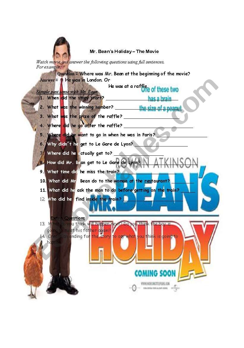 Mr. Beans Holiday worksheet