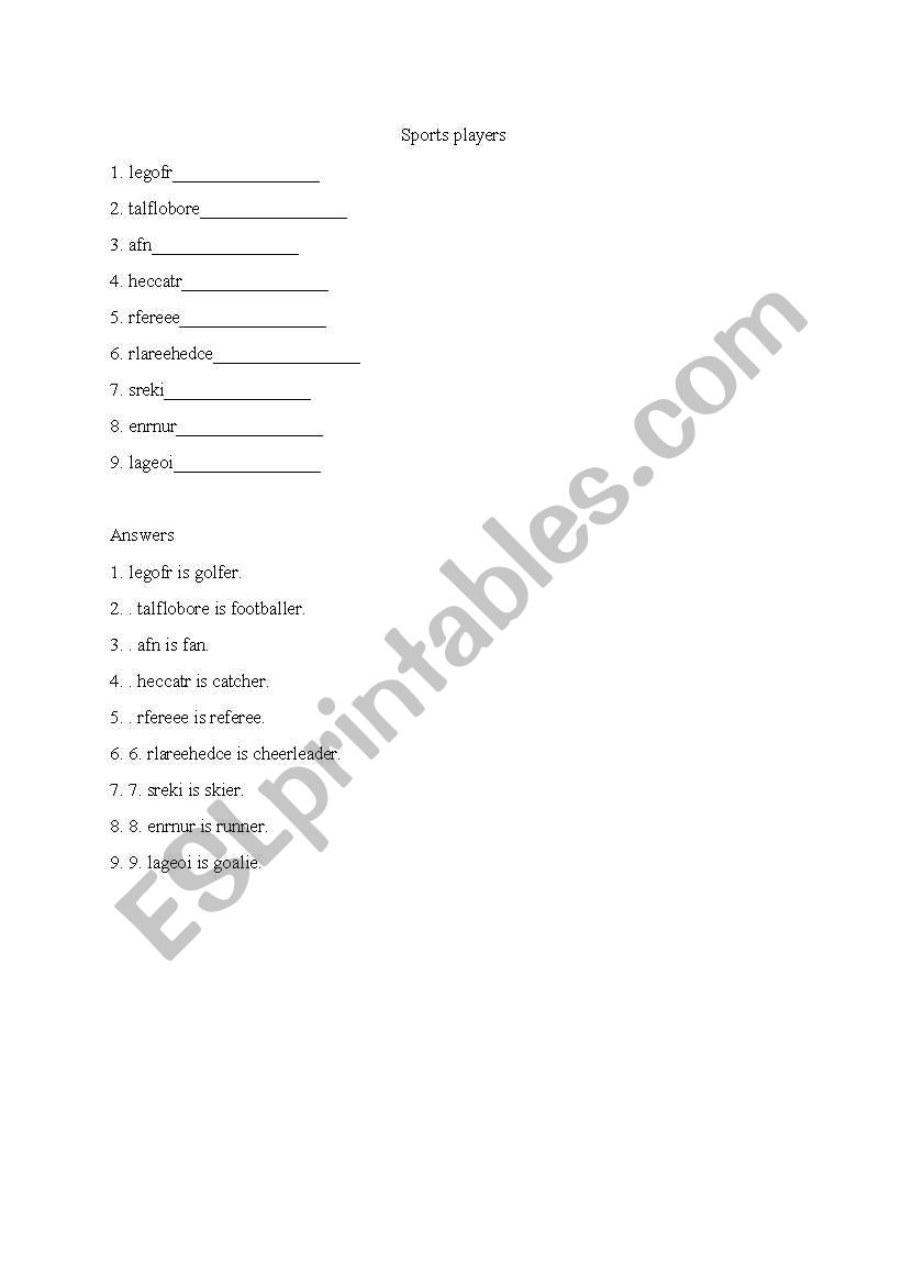 sports players worksheet