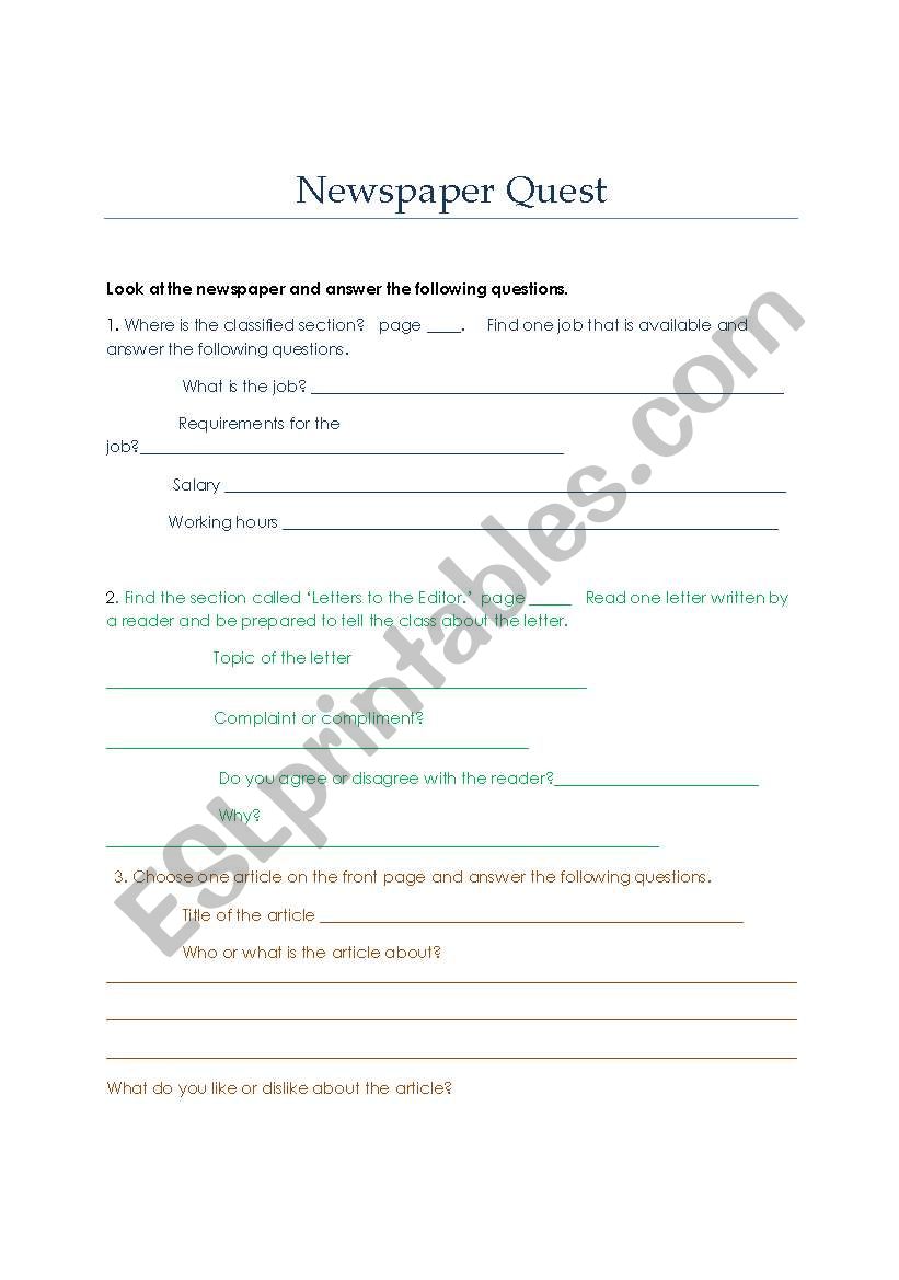 Newspaper Quest worksheet