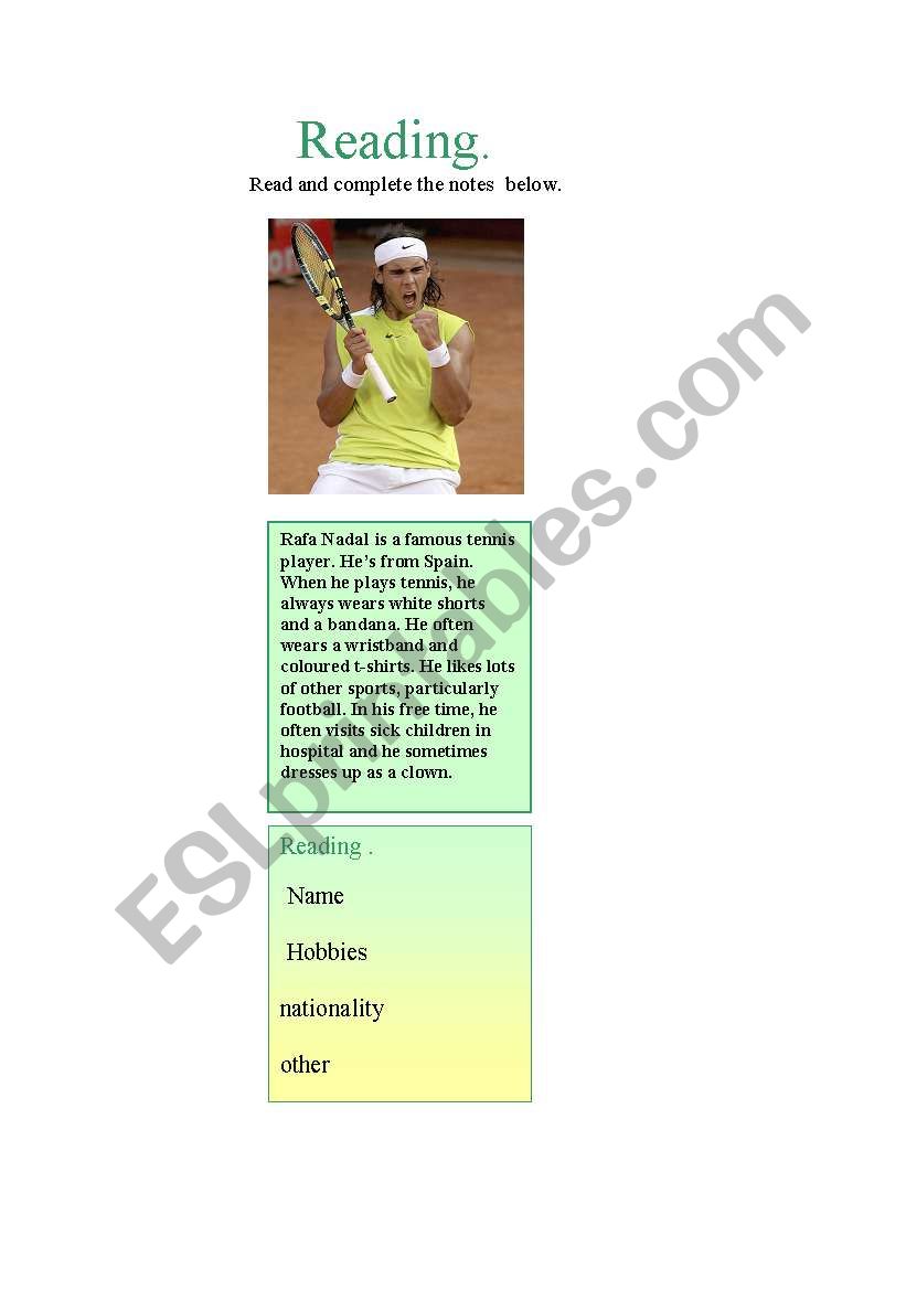 READING. NADAL DESCRIPTION worksheet