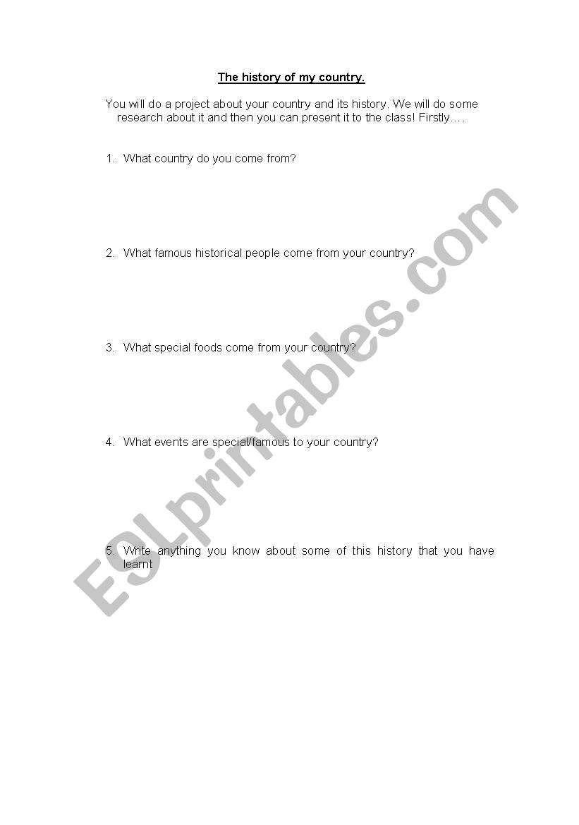 The history of my country worksheet