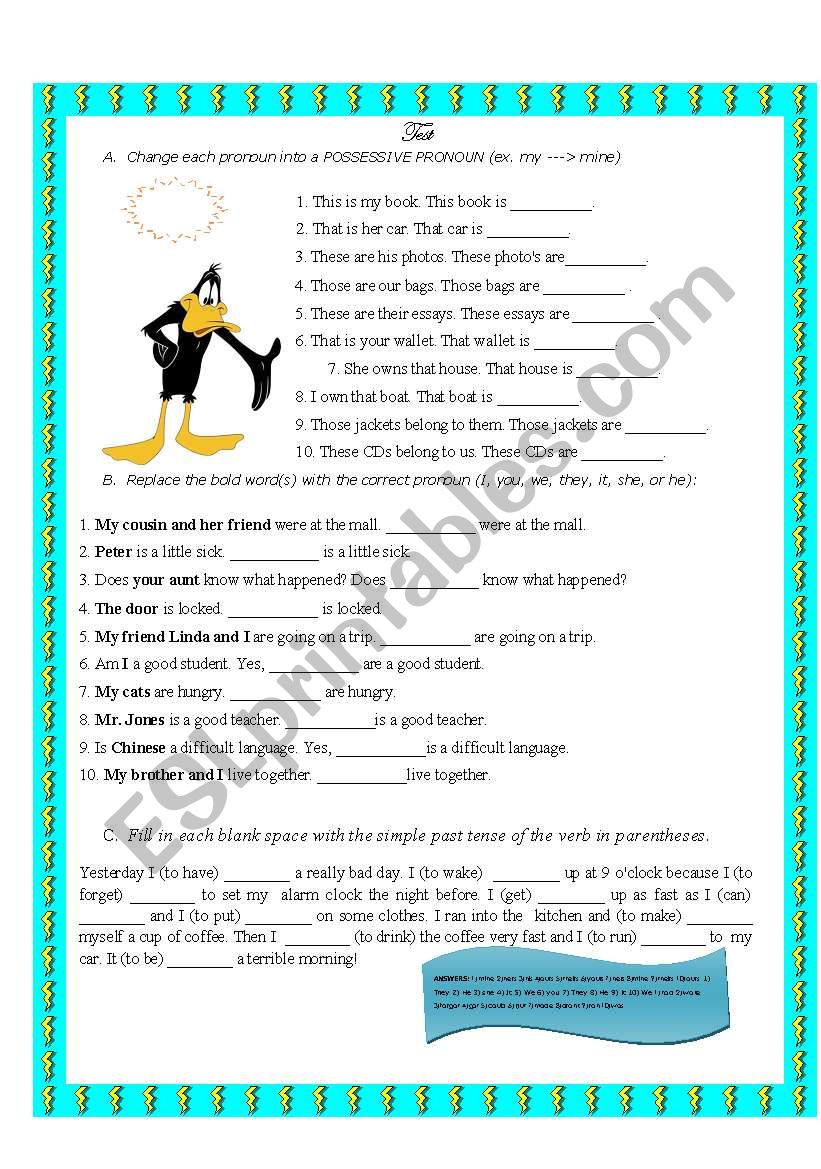 Possesive pronoun worksheet