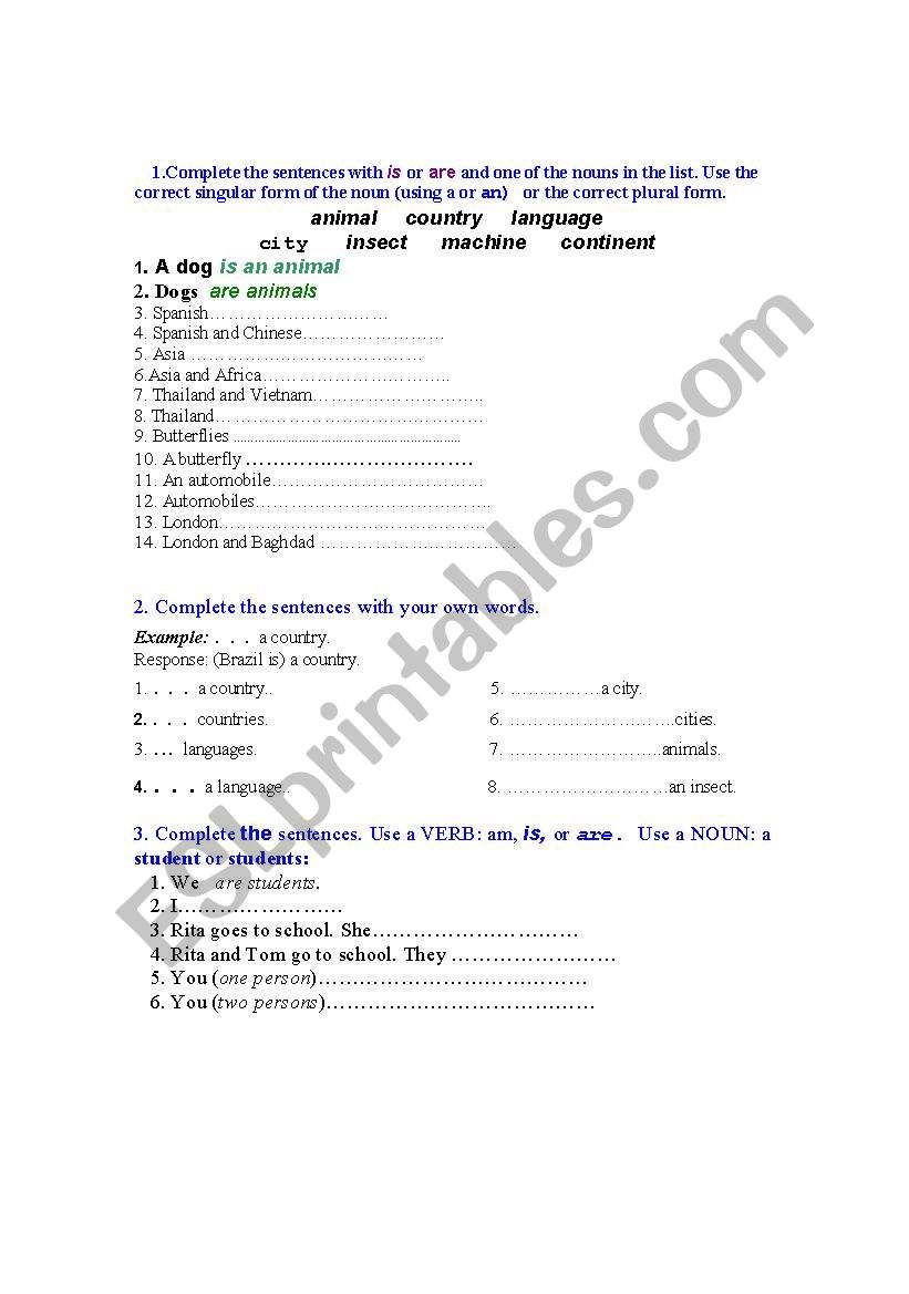 To be & Plurals worksheet