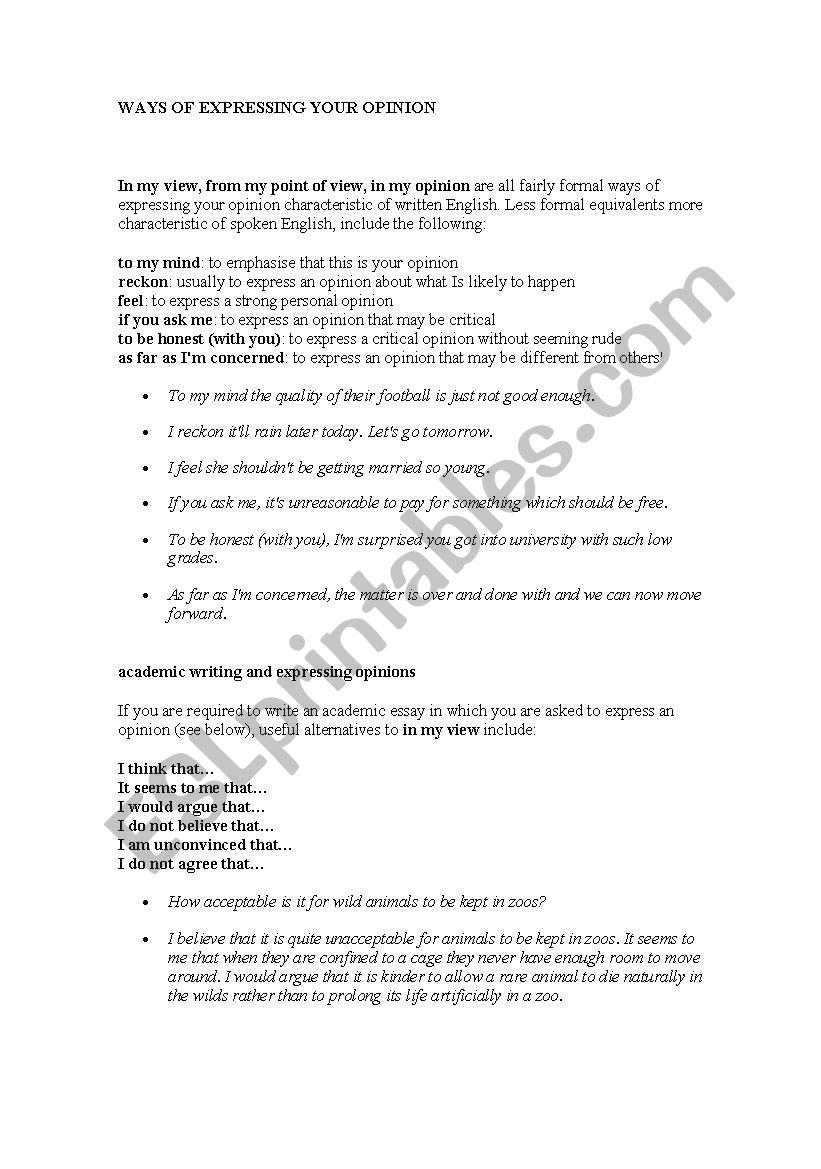 ways of expressing opino worksheet
