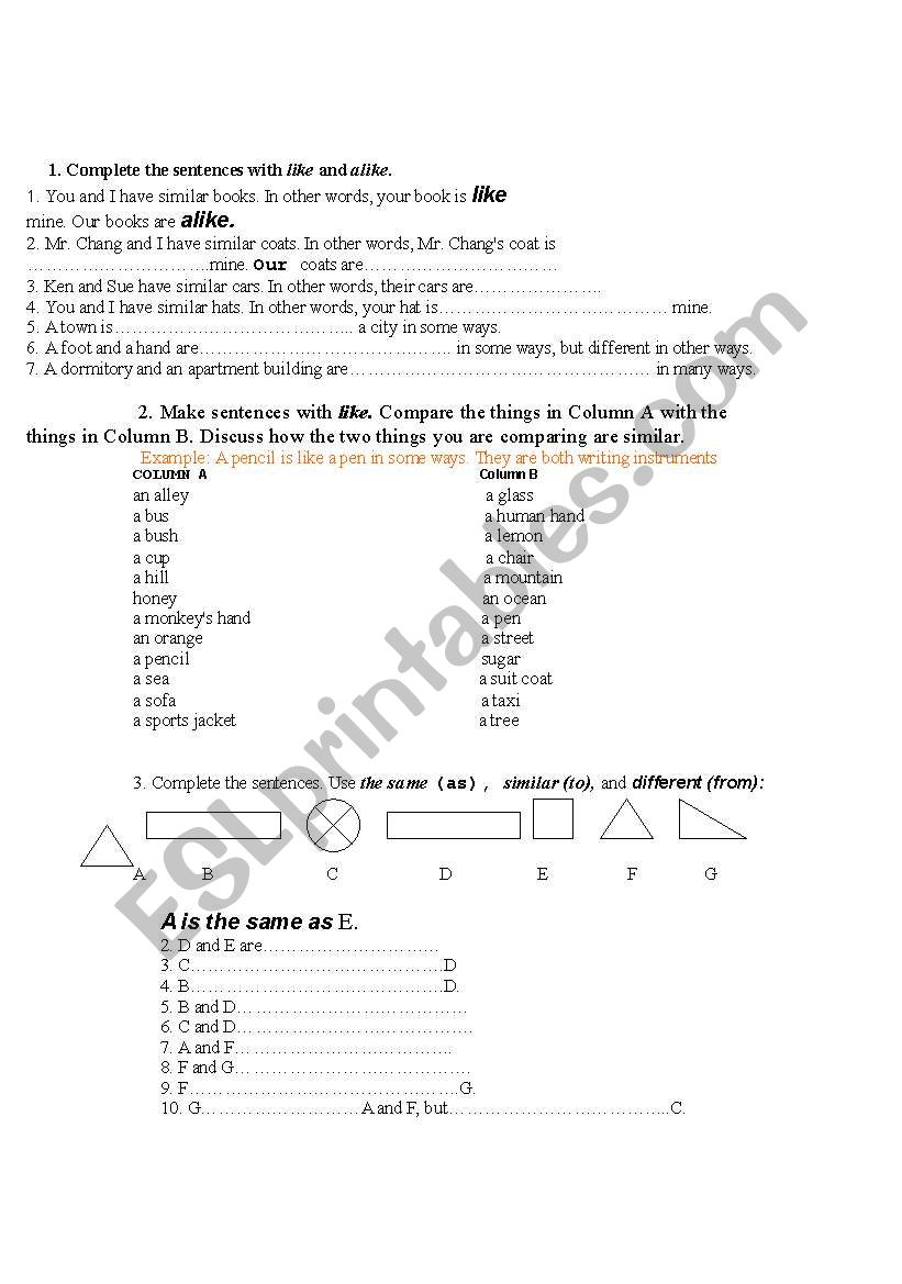 Comparison worksheet