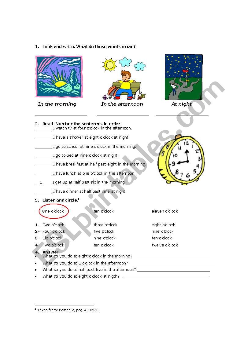 Parts of the day worksheet