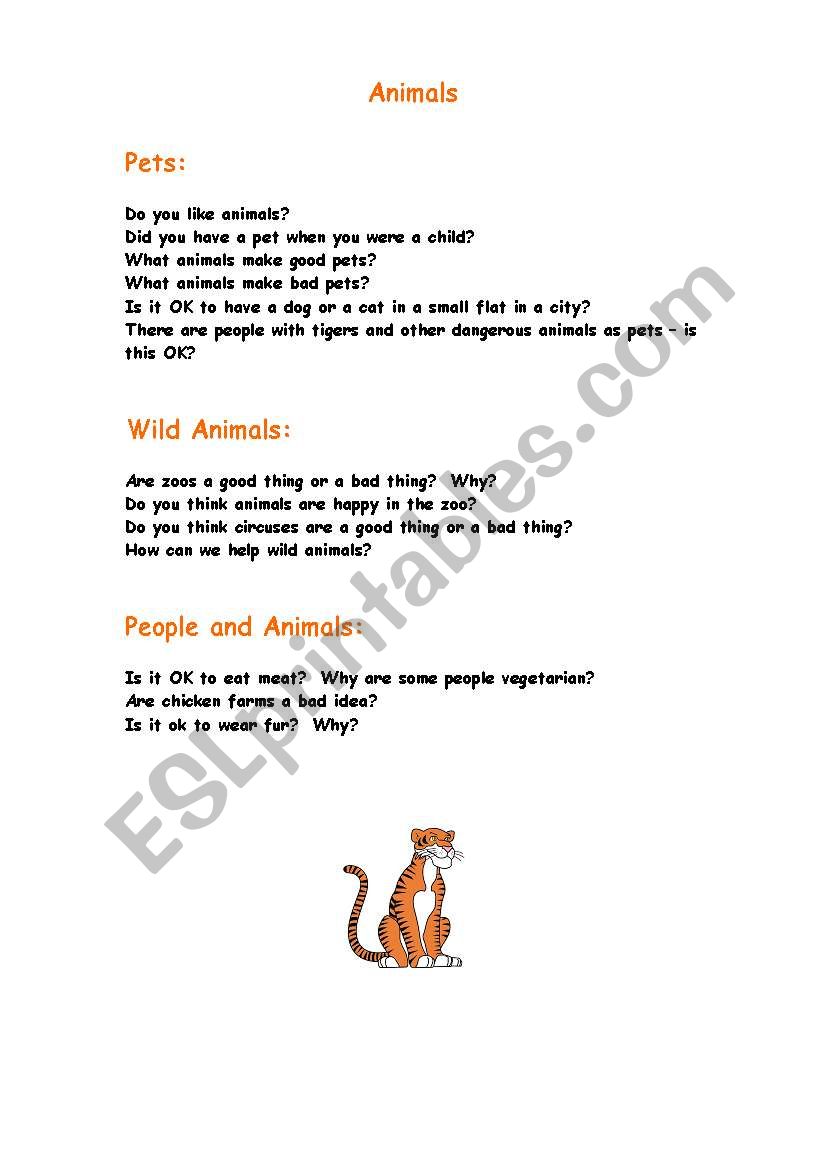 Discussion about animals worksheet