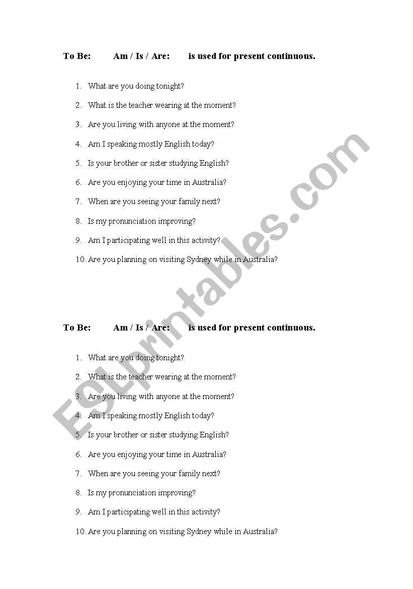 Present continuous questions worksheet