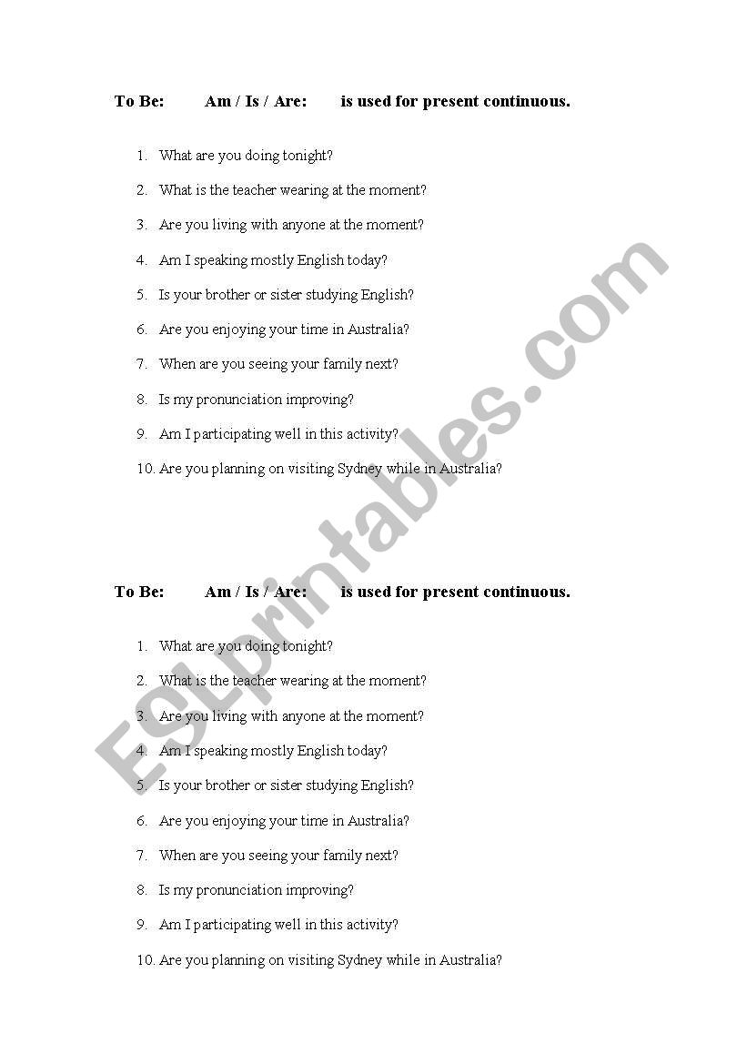 Present continuous questions worksheet