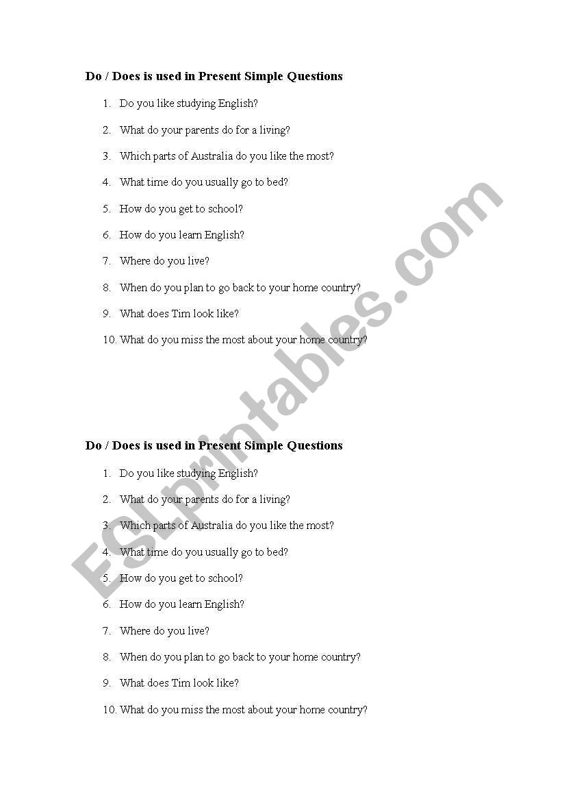 Present simple questions worksheet