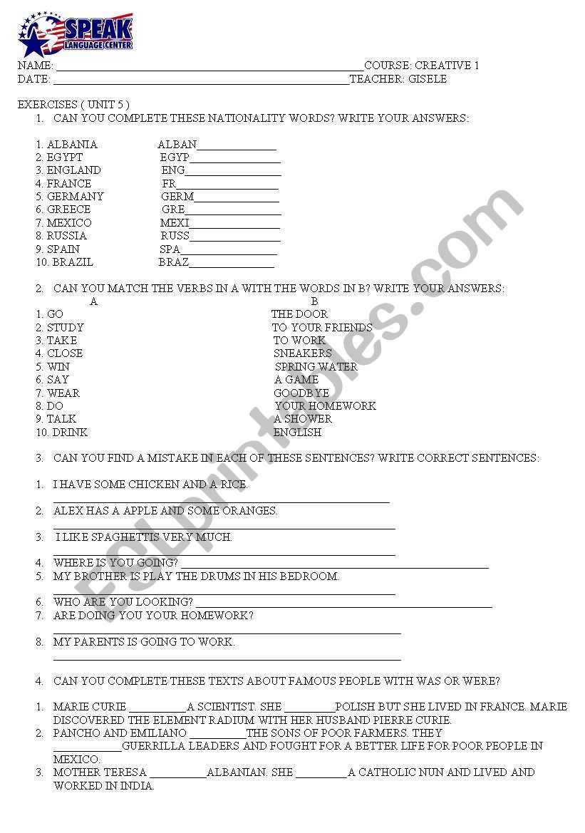 NATIONALITY worksheet