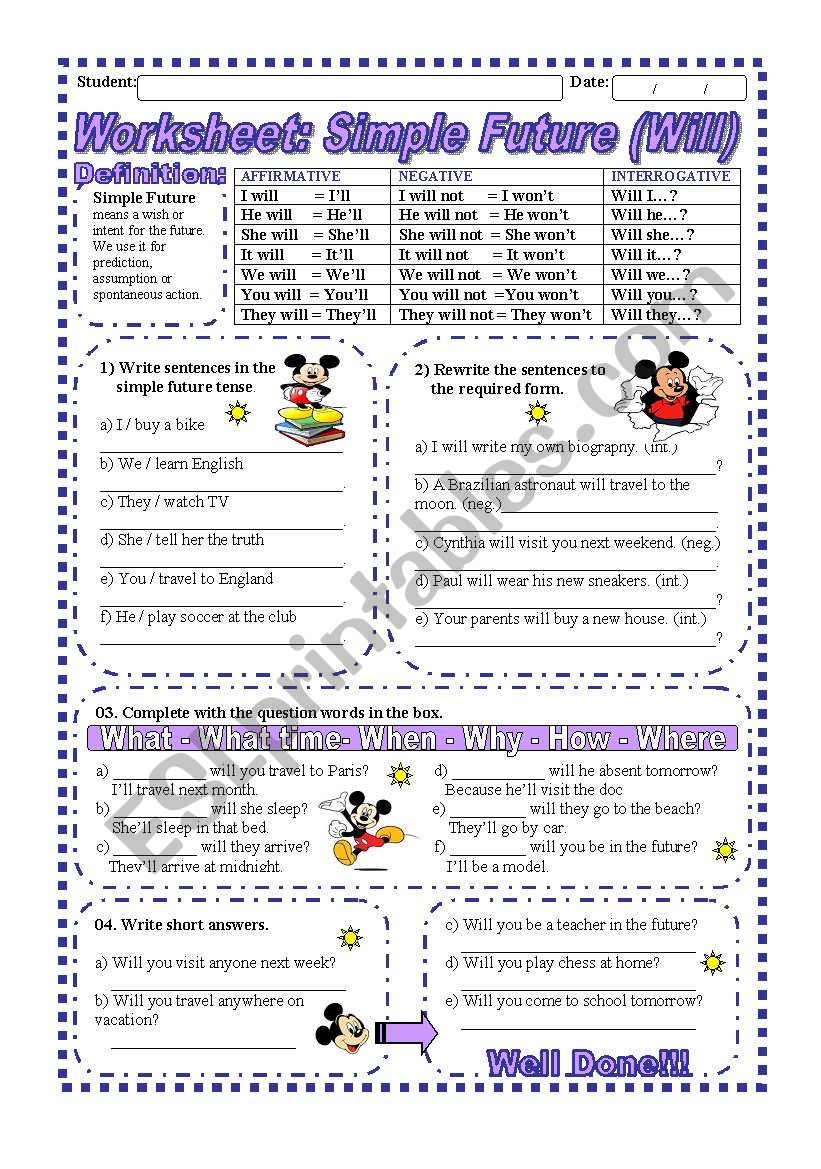 Worksheet: Simple Future (Will) - Explanation & exercise