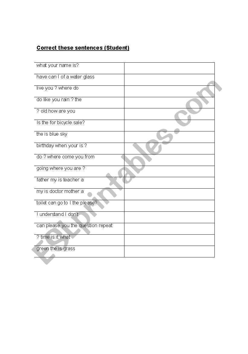 Sentence correction worksheet