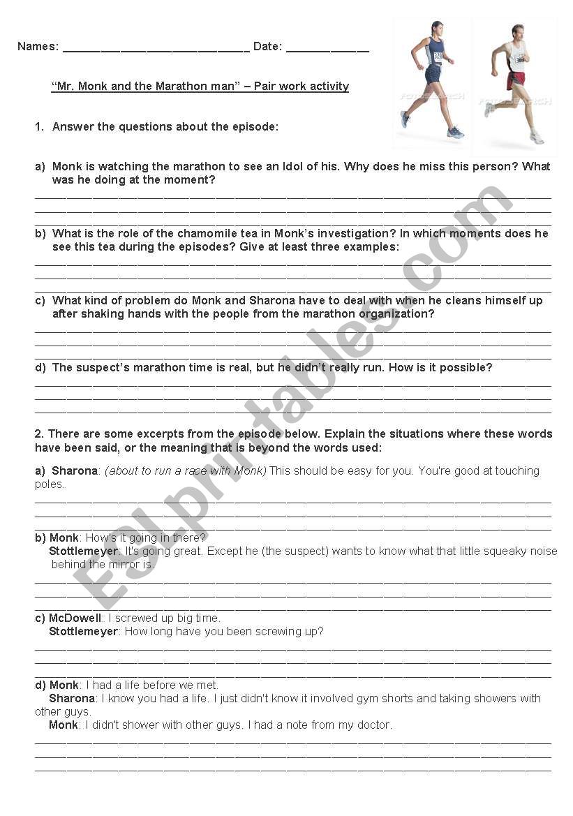 Original Marathon Worksheet Free Printable