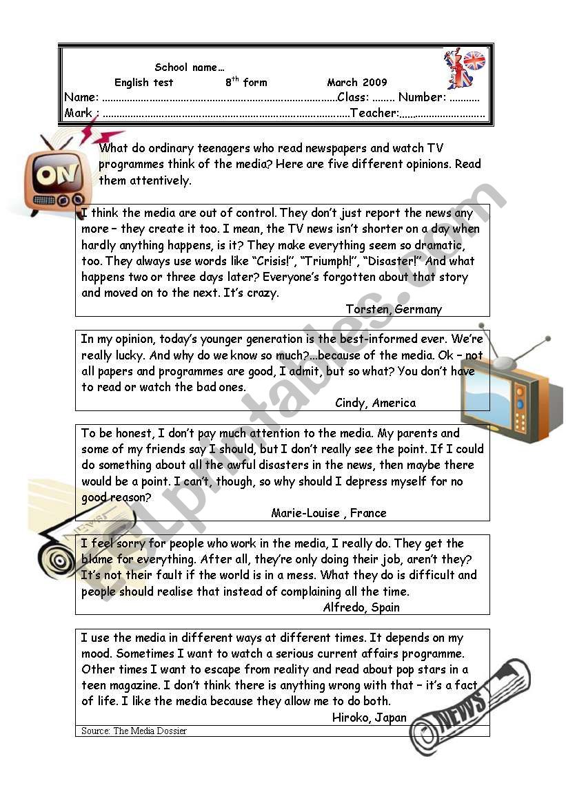 A TEST ABOUT THE MASS MEDIA worksheet