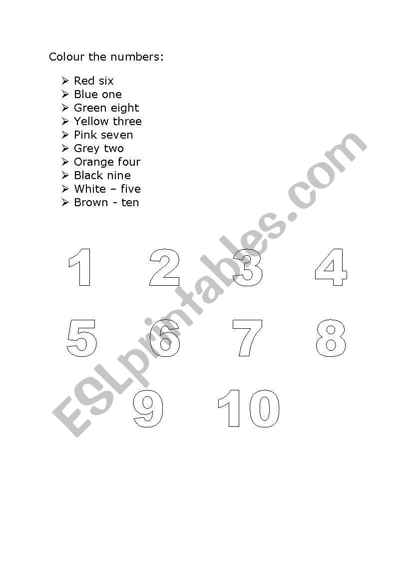 Colour the Numbers 1-10 worksheet