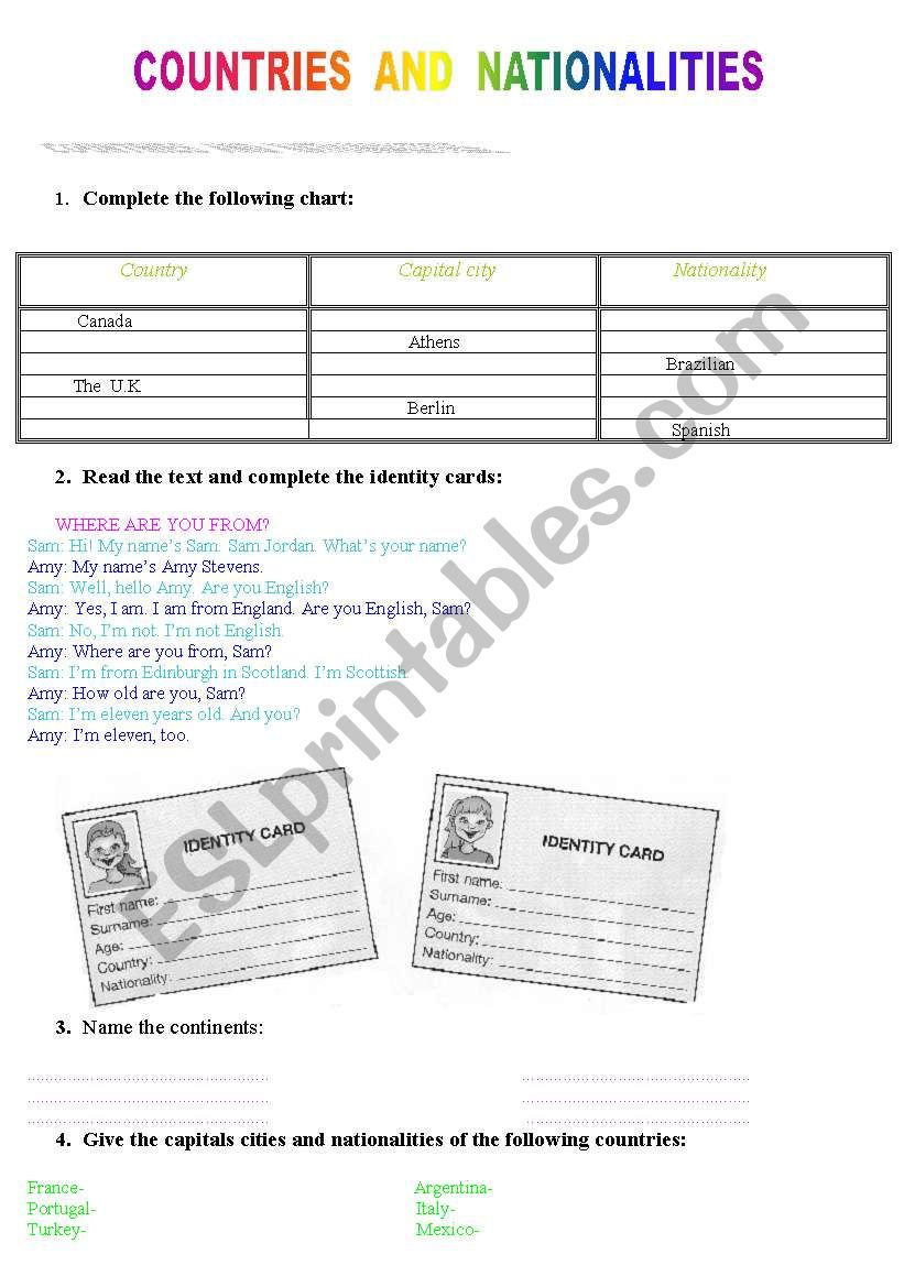 Countries and nationalities worksheet