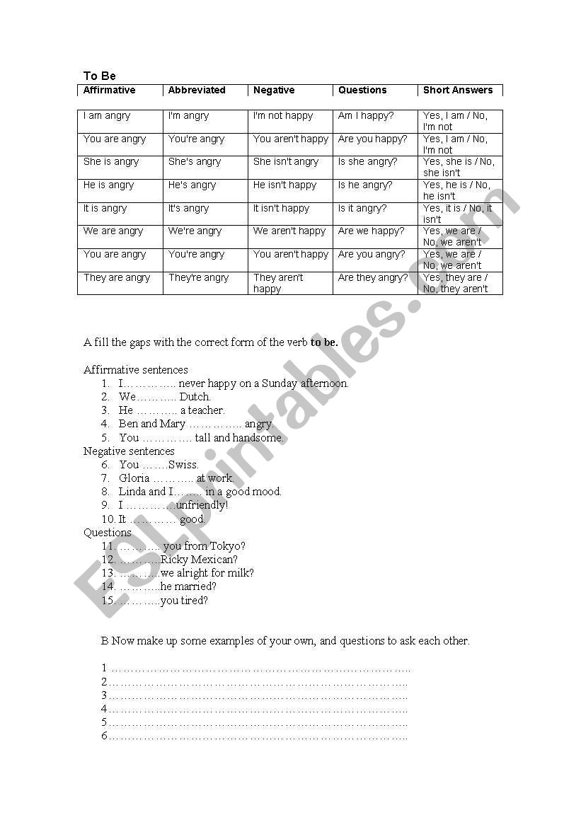 A1 to be verb chart w/ exercises and useful vocab