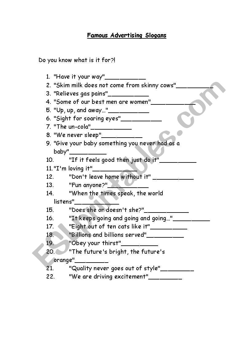 famous slogans worksheet