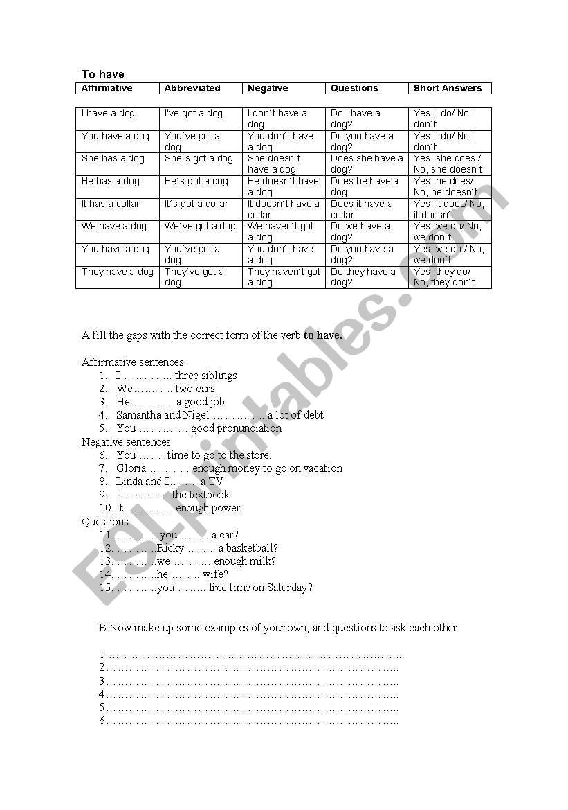 Verb forms: To have worksheet