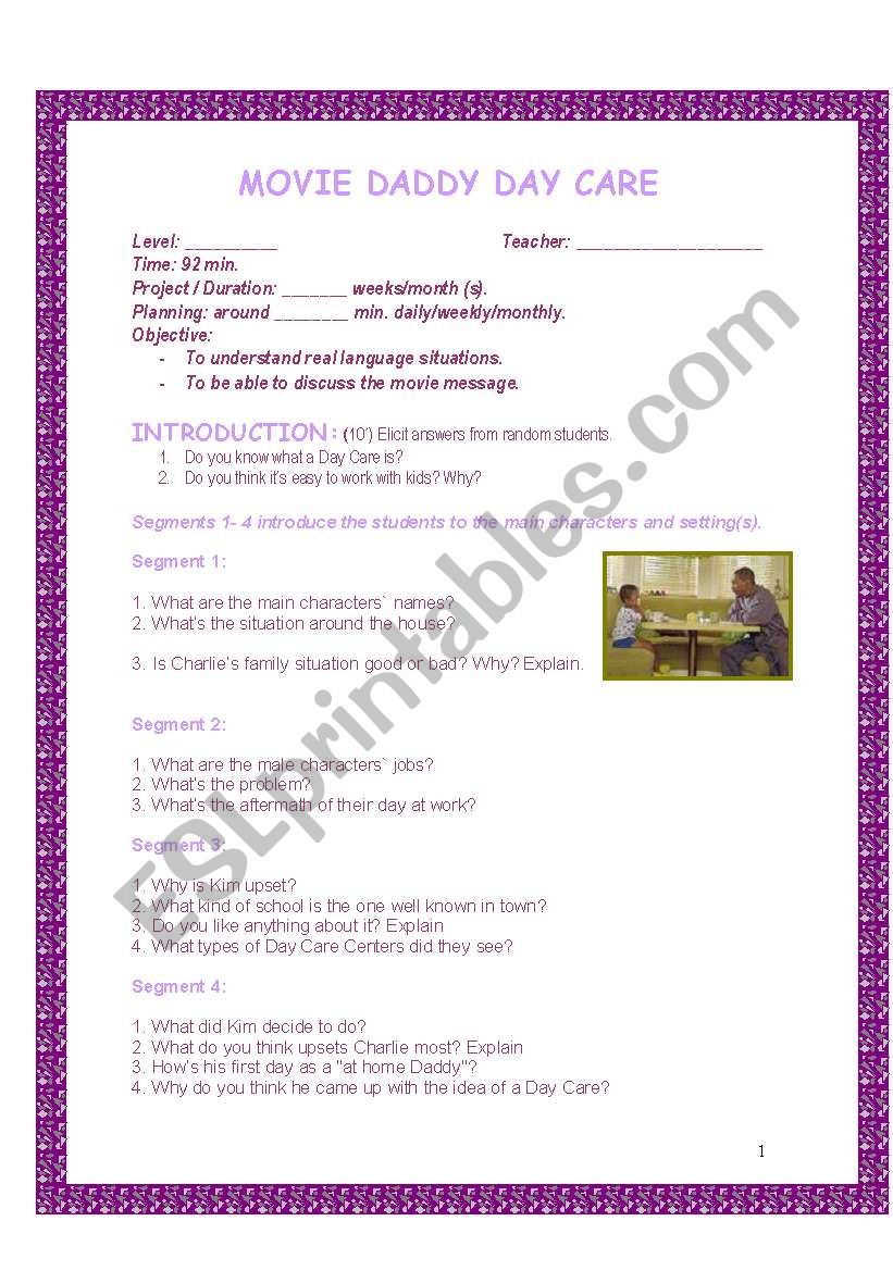 MOVIE: Daddy Day Care - Teachers Guide and Students activities. (5 pages)