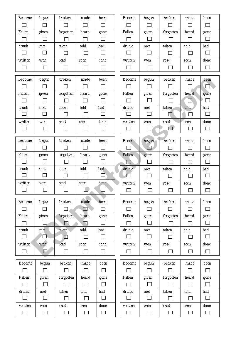 Verb bingo worksheet