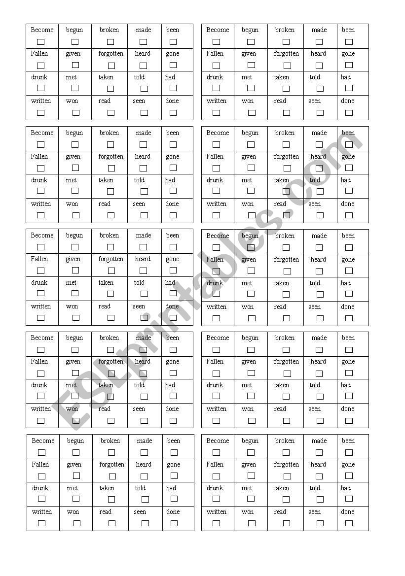 Verb bingo worksheet