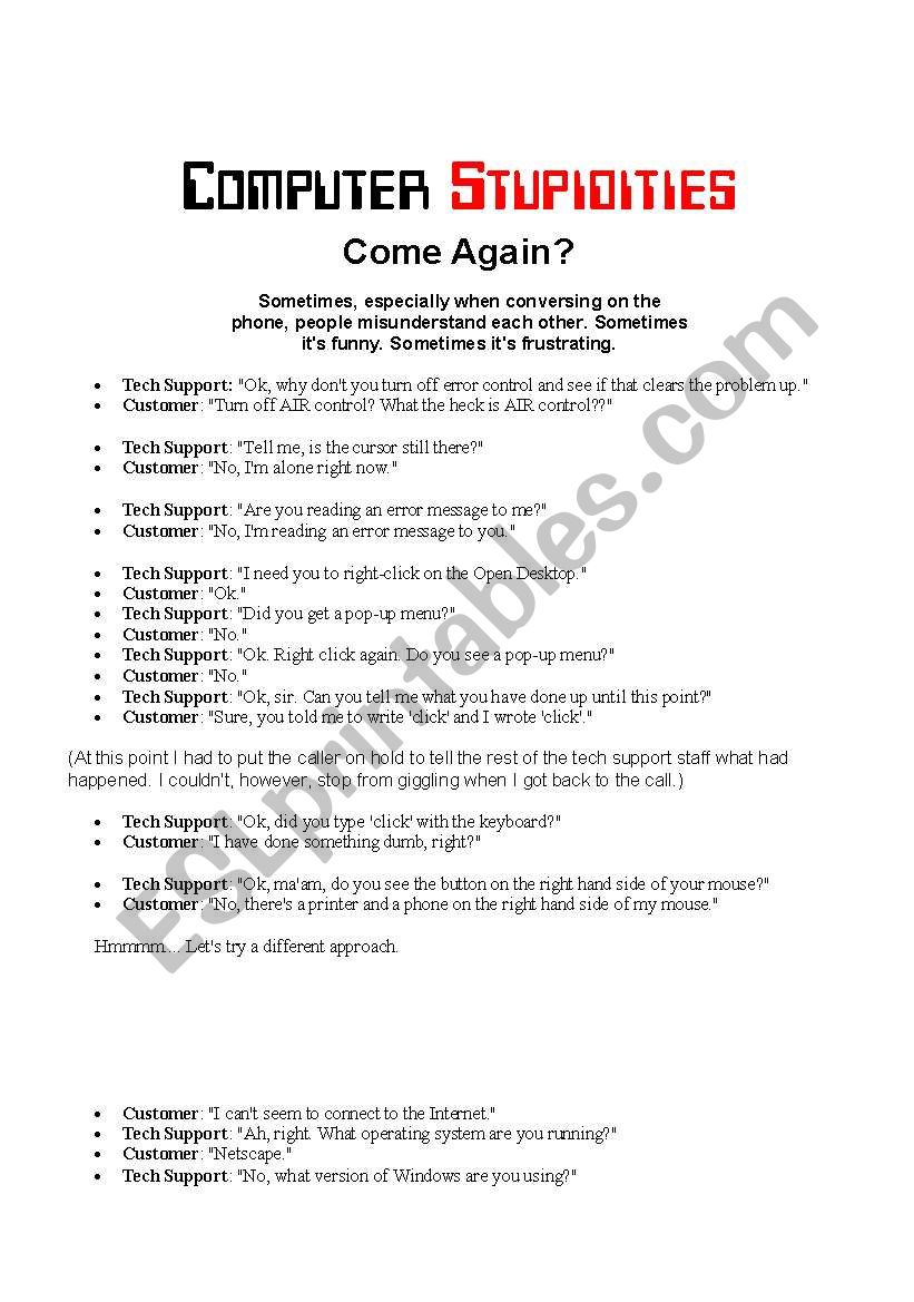 Computer stupidities worksheet