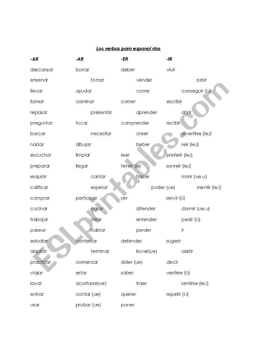 spanish two verbs worksheet