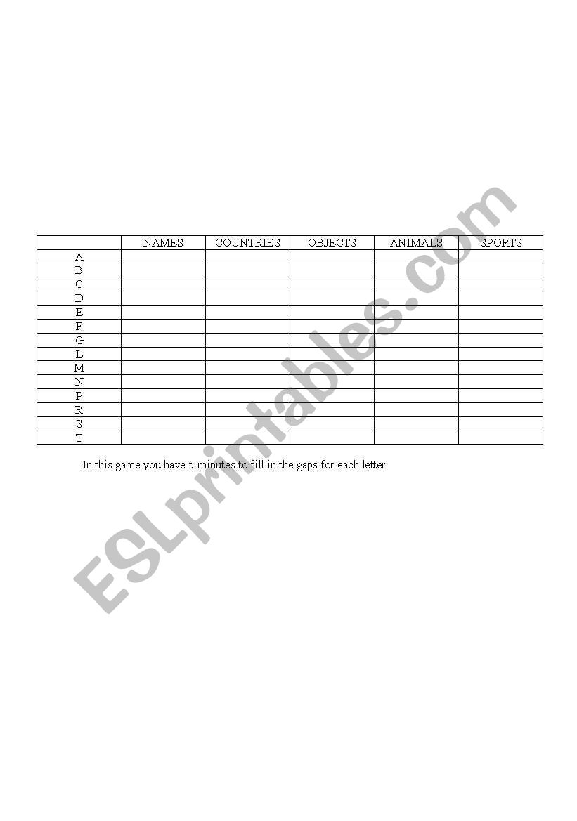 Game using vocabulary worksheet