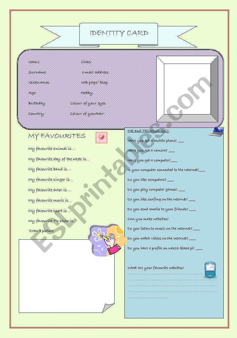 identity card / profile + me and technology survey - ESL worksheet by ...