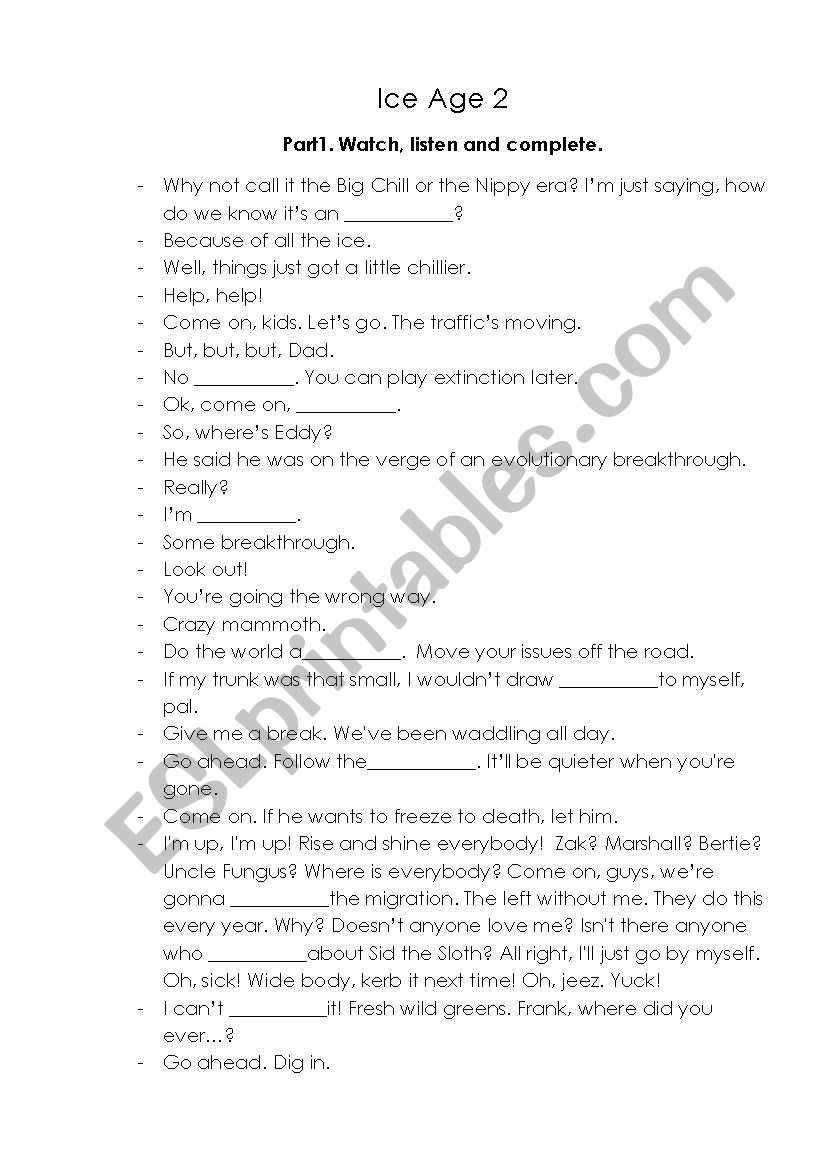 Ice Age 2 Worksheet worksheet