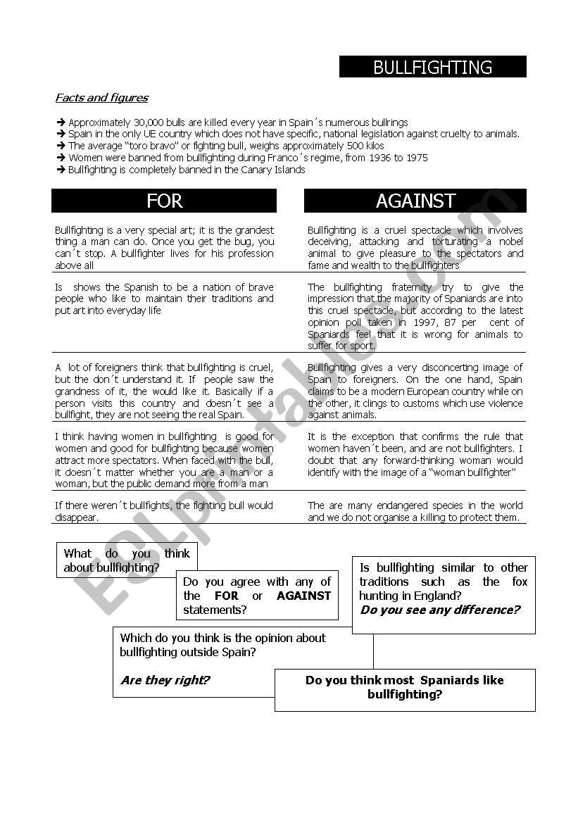 bull fighting. for or against worksheet