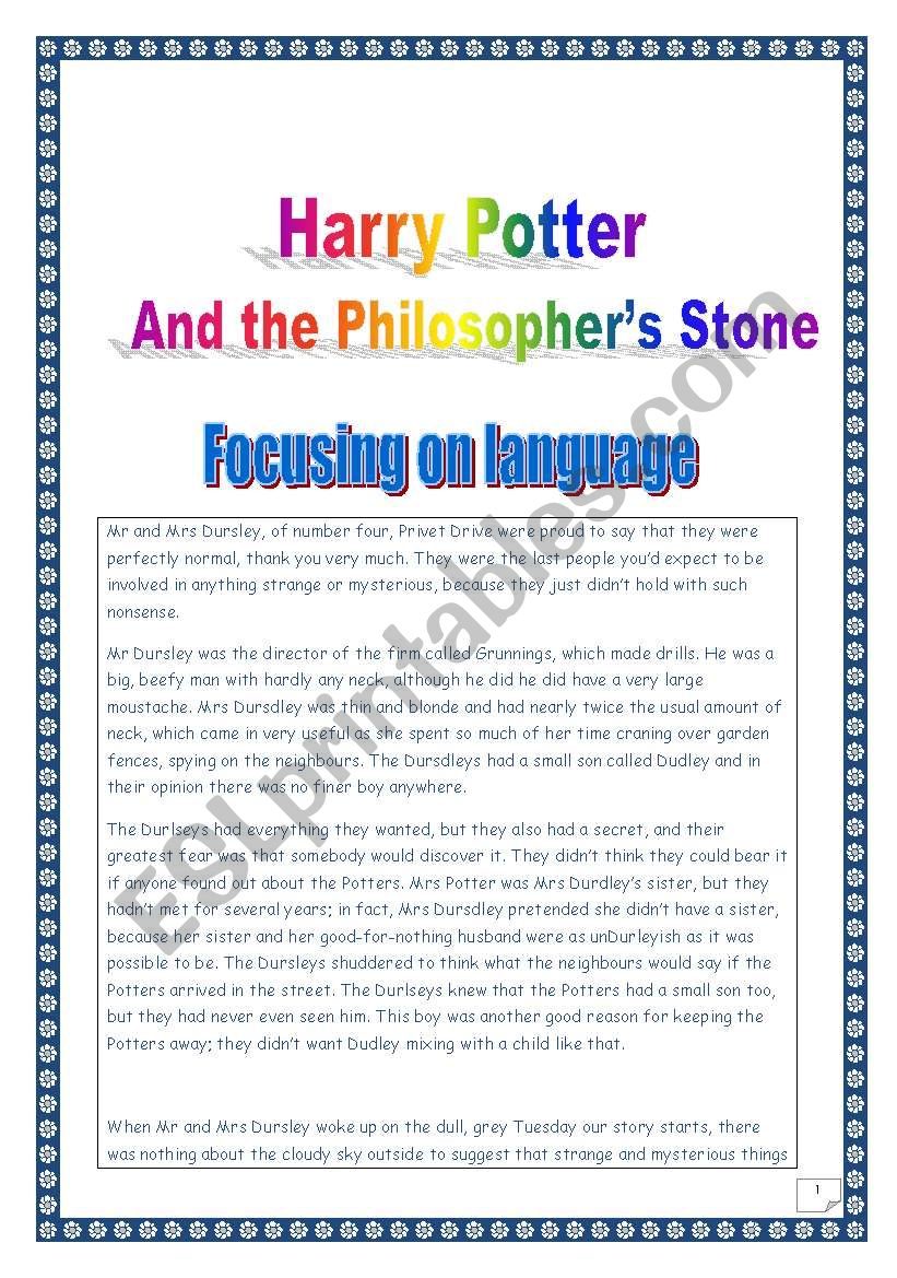 Lesson 2: Harry Potter and the Philosophers Stone: Focusing on LANGUAGE. (5 pages: tasks + key)