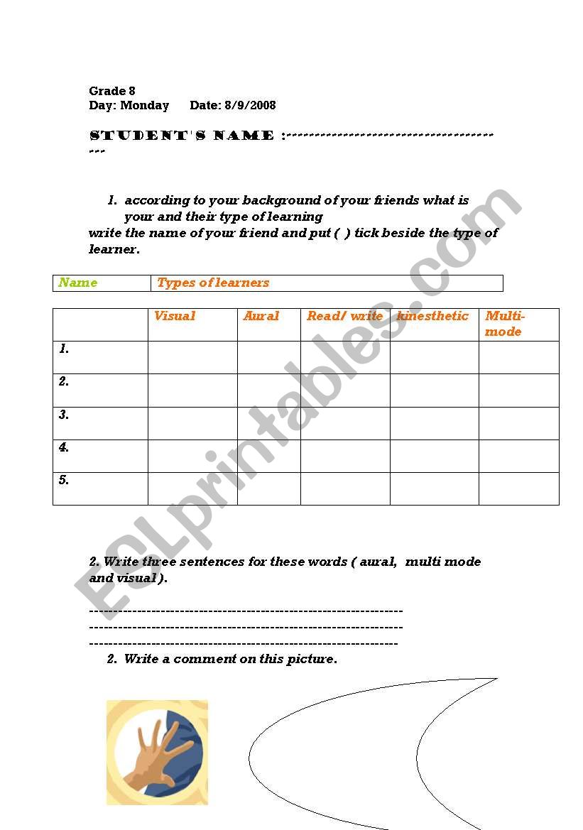 types of learners worksheet