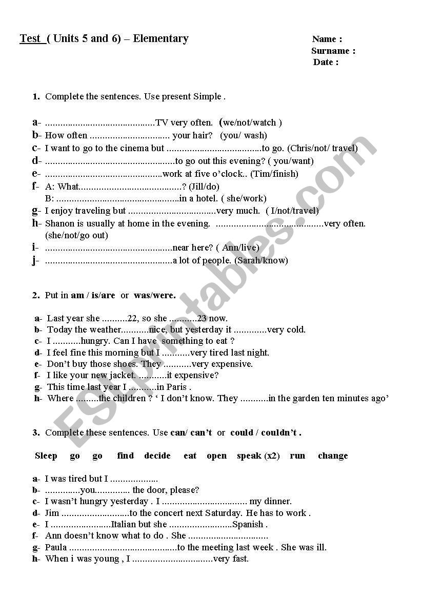 Test elementary worksheet