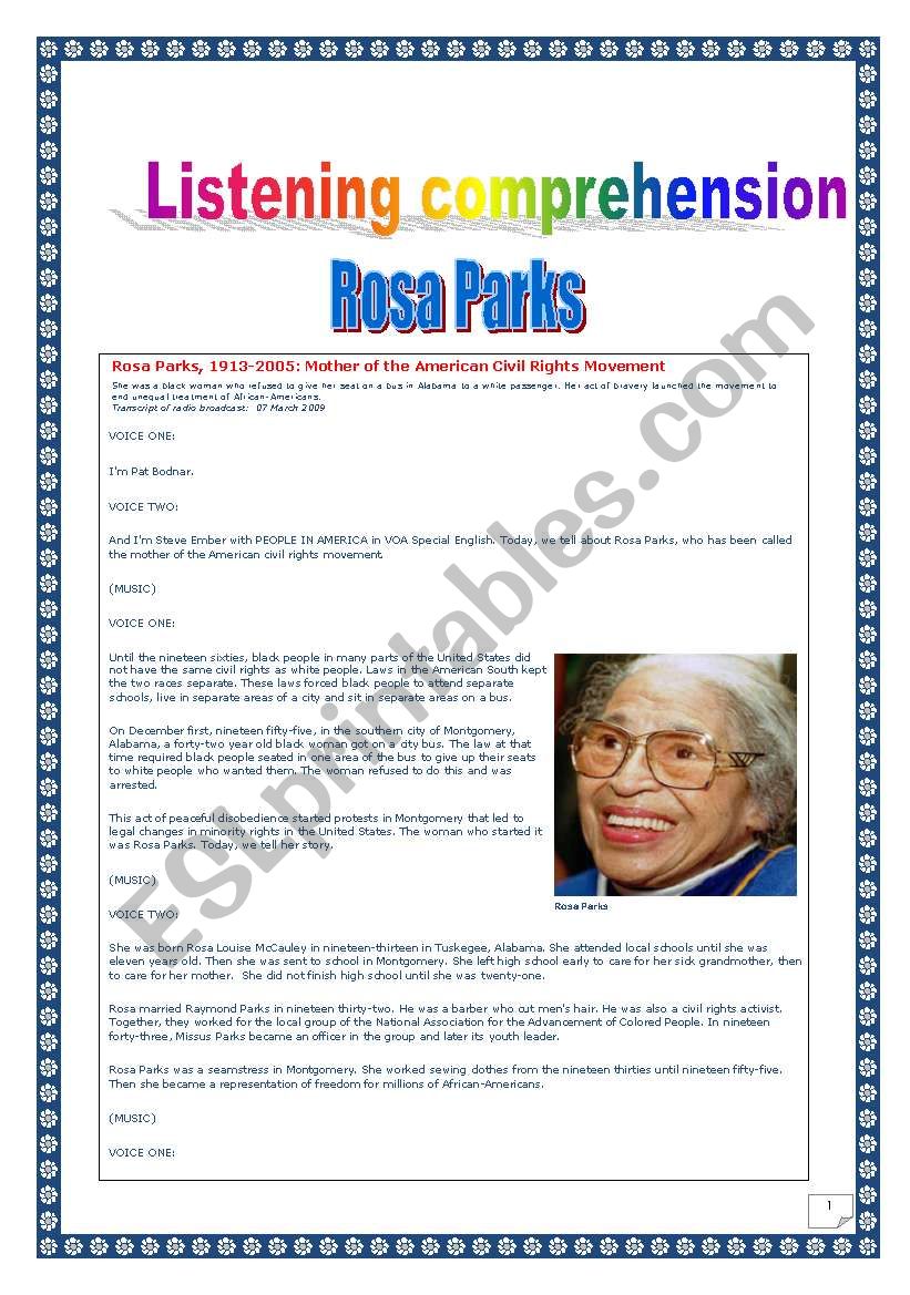 Listening tasks: Rosa Parks Project (5 pages, including KEY, MP3 link)