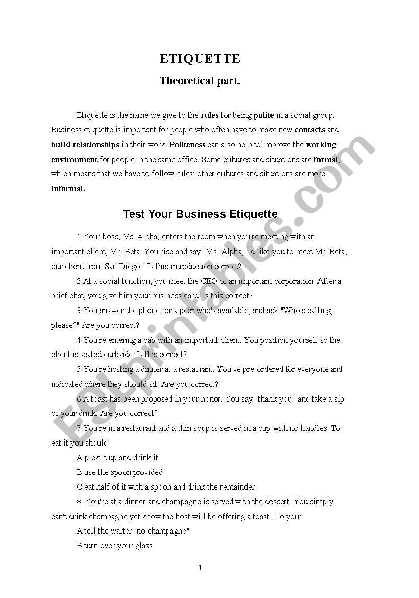 ETIQUETTE worksheet