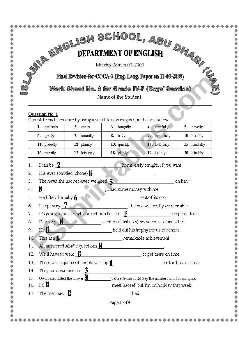 Adverbs and Conjunctions worksheet