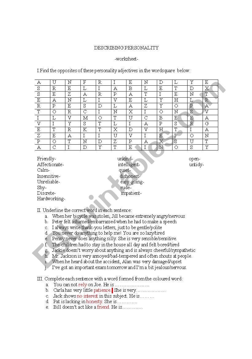 describing personality worksheet